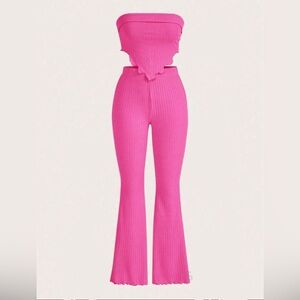 Pink flared legging pants + matching bandana trim cropped tube top